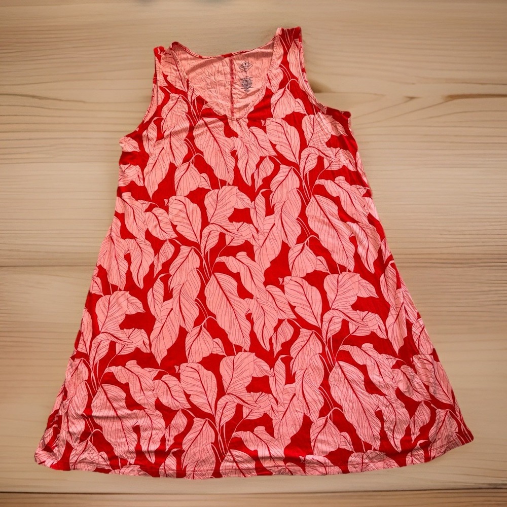 St. John's Bay Red Pink Tropical Leaf Print Sleeveless Mini Swing Dress Large‎